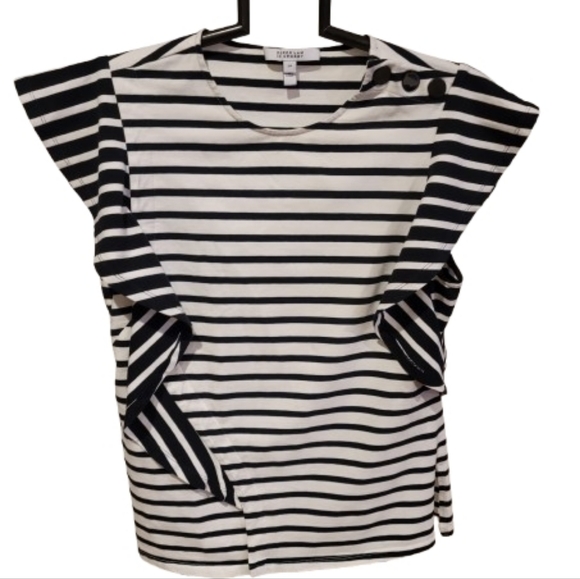 Derek Lam Floppy Ruffle Nautical Stripe Short Sleeve Top Navy White S/P - Picture 2 of 12